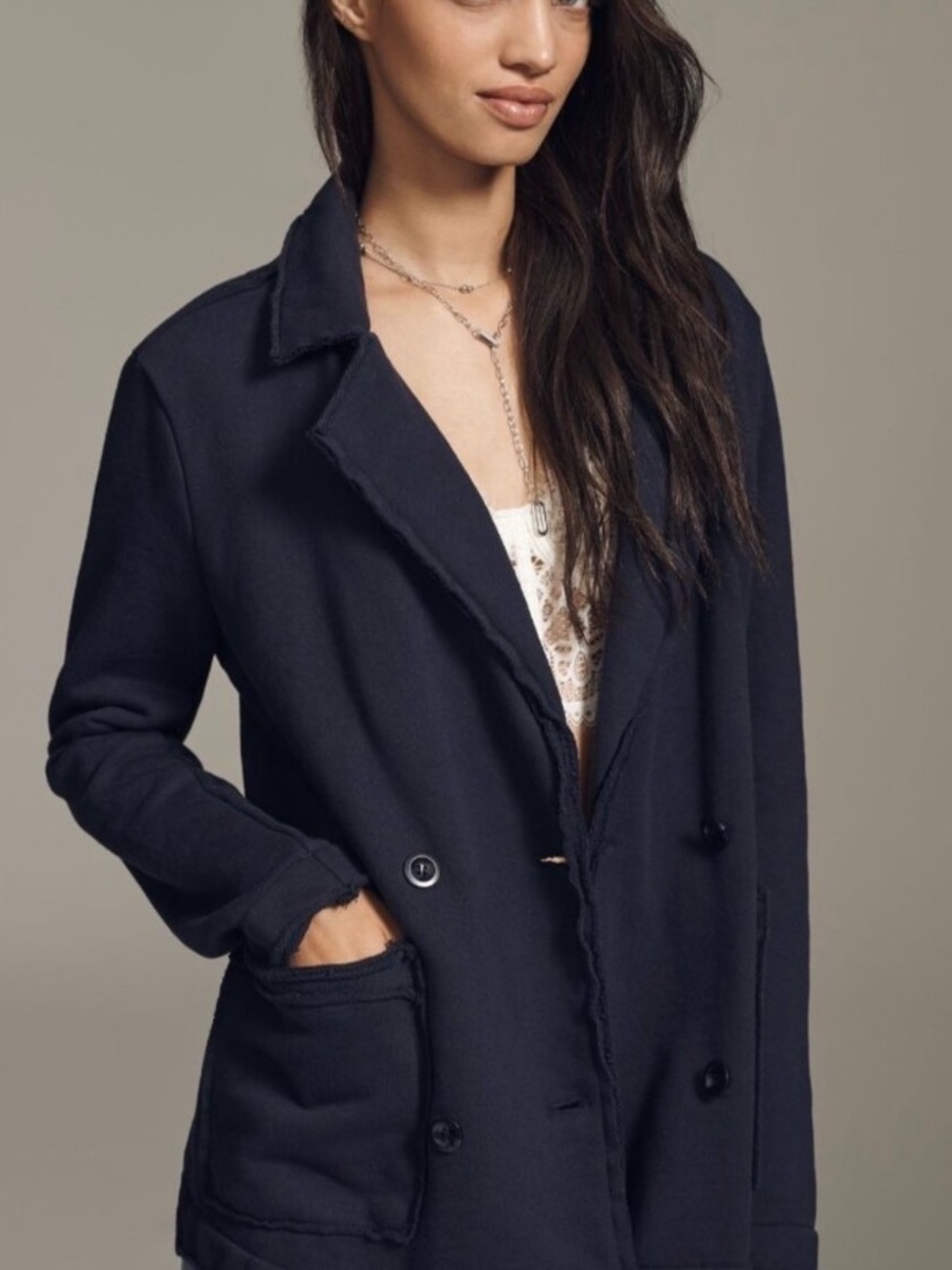 Oversize Pilcro Anthropologie Knit Peacoat Navy Button-Front Cardigan Raw Jacket